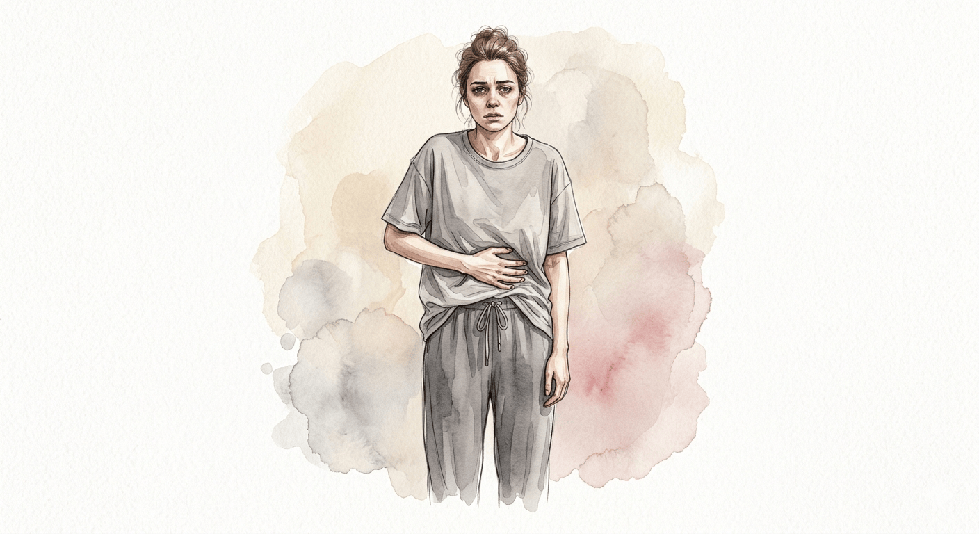 Müde aussehende Frau, gedämpftes Aquarell in Grau