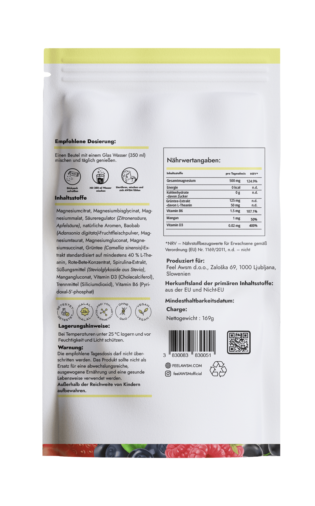 Magnesium Balance Beutel – Rückseite mit Zutatenliste