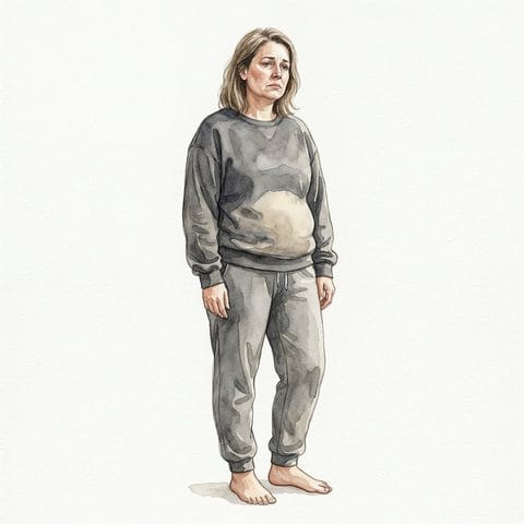 Woman before — bloated, tired, uncomfortable